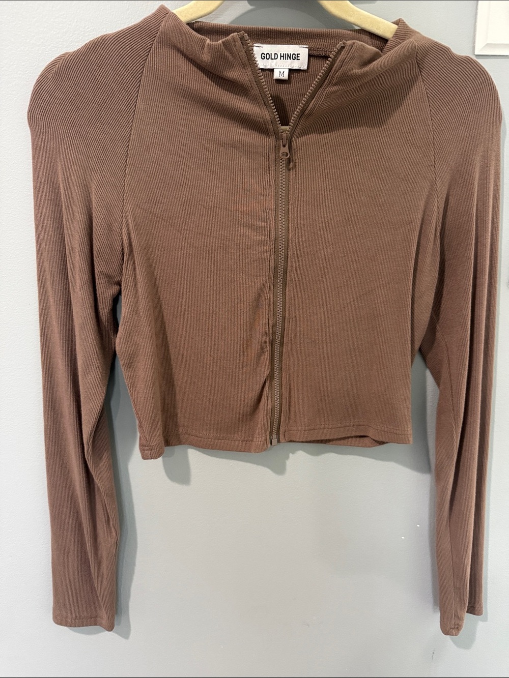 Gold Hinge Brown Ribbed Zip Crop Top - Long Sleeve